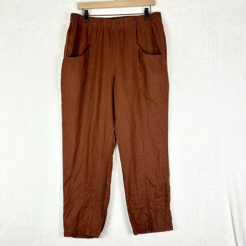 Quince 100% European Linen Tapered Ankle Pant Size Large Chocolate Brown Pull On